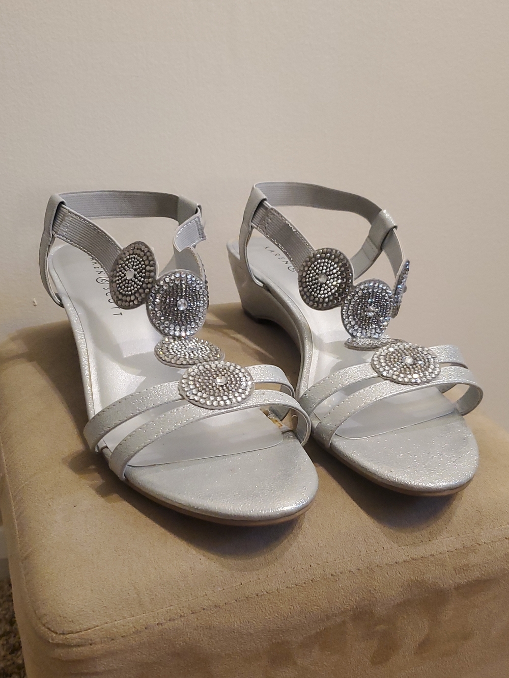 Silver Beaded Wedge Sandals Size 10